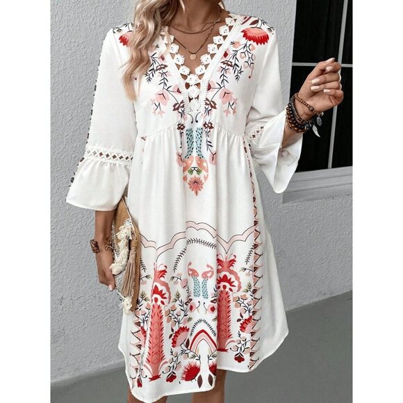 Beach Boho Maui Dresses & Skirts - Beach Boho Maui - Lace Detail Printed Three-Quarter Sleeve Dress
